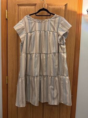 Blu Pepper Blue and Cream Striped Tiered Casual Dress - 3XL